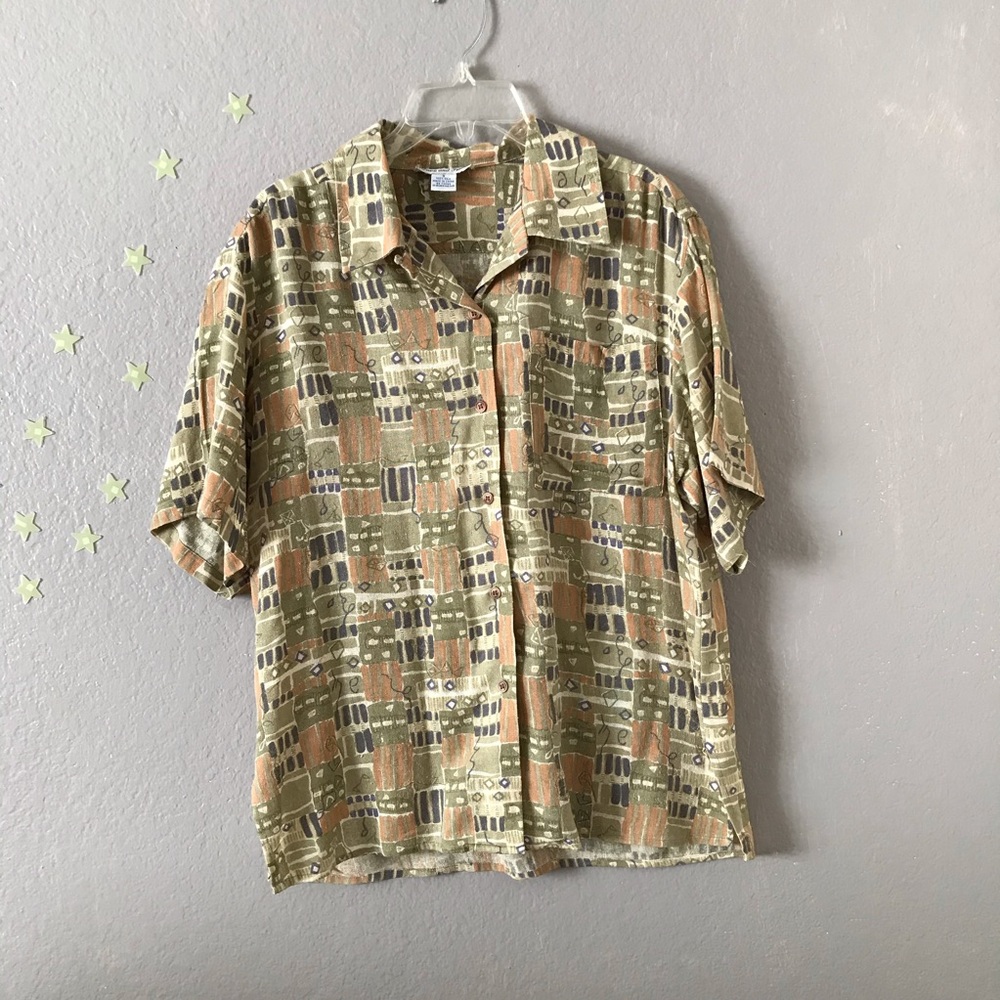 Vintage Pattern Square Print Short Sleeve Button … - image 1